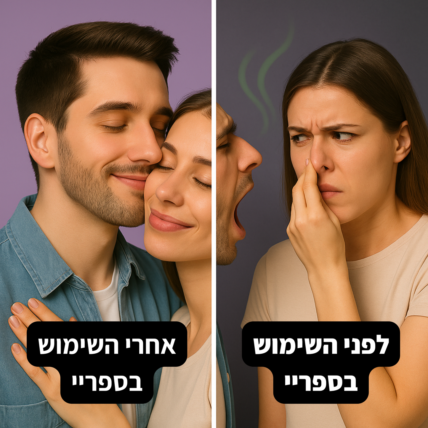 לפני ואחרי שימוש בספריי נגד ריח רע מהפה – נשימה רעננה וביטחון עצמי