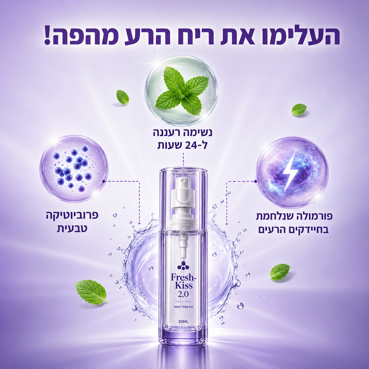 ™FRESH-KISS 2.0 - ספריי נגד ריח רע מהפה לרעננות 24/7
